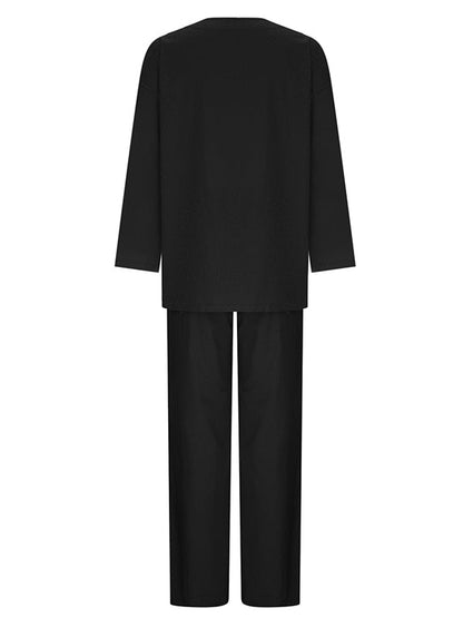 Loose Solid Color Long Sleeves Round-neck Shirts Top + Drawstring Pants Bottom Two Pieces Set