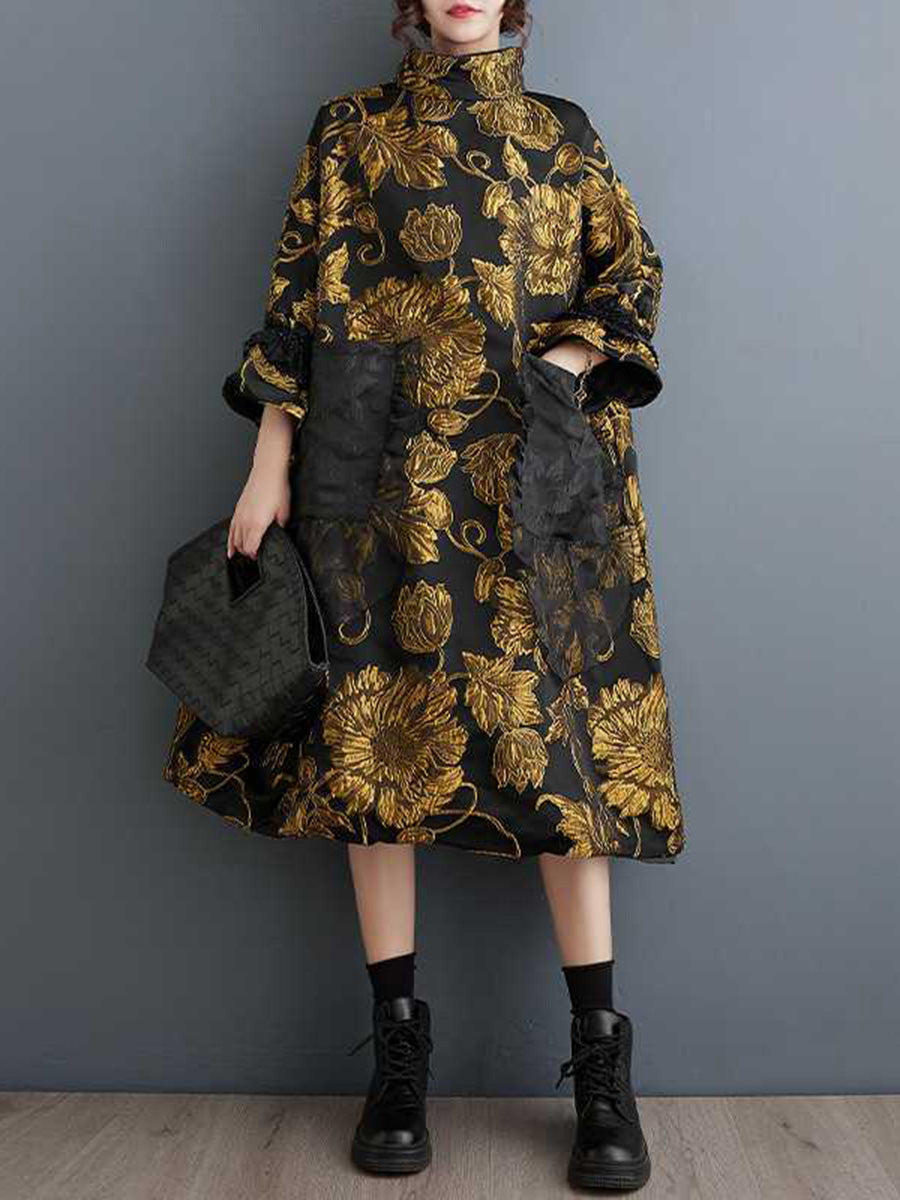 A-Line Flared Sleeves Contrast Color Flower Print Jacquard Pockets High Neck Midi Dresses