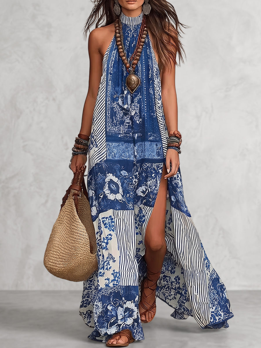 A-Line Loose Backless Contrast Color Flower Print Printed Split-Side Striped Halter-Neck Maxi Dresses