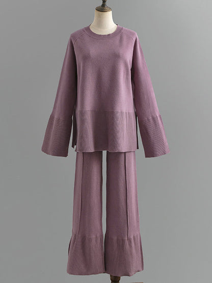 Casual Long Sleeves Loose Solid Color Round-Neck Sweater Tops & Wide Leg Pants Two Pieces Set