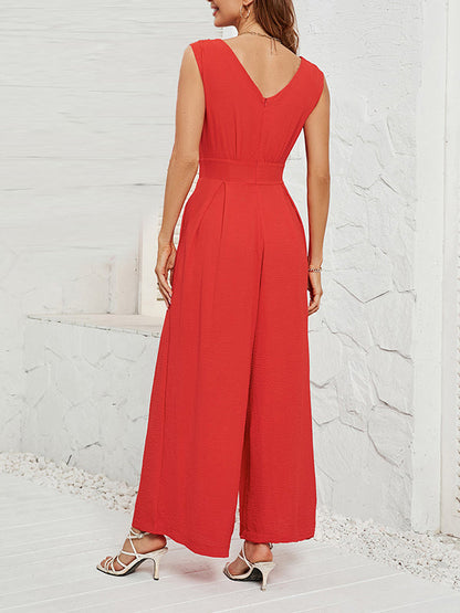 Loose Sleeveless Pleated Solid Color Split-Joint V-Neck Jumpsuits