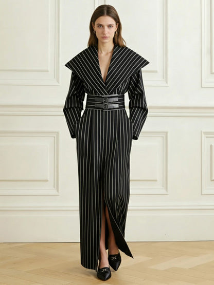 Bodycon Elasticated Waist Belted Contrast Color Split-Front Split-Joint Striped Deep V-Neck Blazer Maxi Dresses