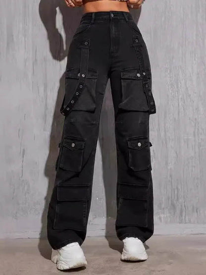 High Waisted Buttoned Pockets Solid Color Jean Pants Bottoms Trousers