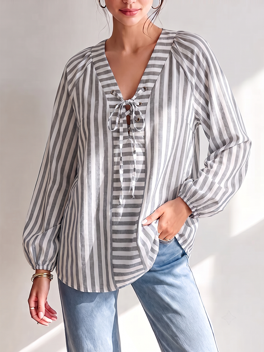 Striped Hollow Drawstring Contrast Color Puff Sleeves Loose V-neck Blouses&shirts Tops
