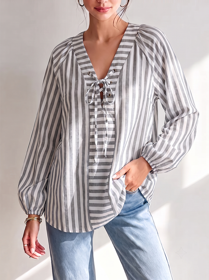 Striped Hollow Drawstring Contrast Color Puff Sleeves Loose V-neck Blouses&shirts Tops
