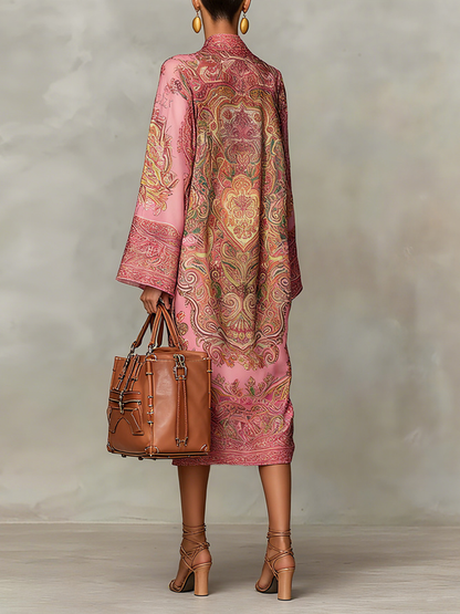 Long Sleeves Loose Contrast Color Printed Mock Neck Midi Dresses