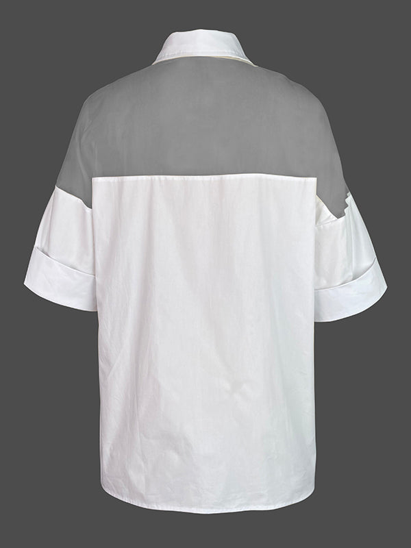 Short Sleeves See-Through Solid Color Split-Joint Lapel Blouses&Shirts Tops