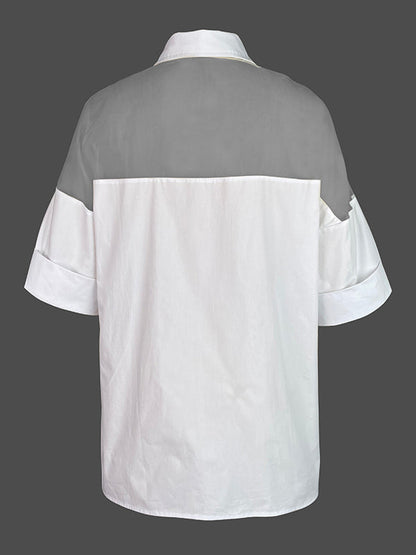 Short Sleeves See-Through Solid Color Split-Joint Lapel Blouses&Shirts Tops