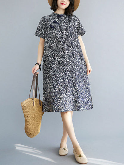 Artistic Retro Floral Printed Stand Collar Short Sleeves Cheongsam Midi Dress