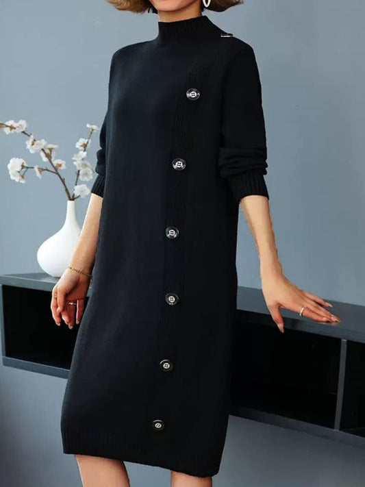 Long Sleeves Buttoned Solid Color Mock Neck Midi Dresses Sweater Dresses