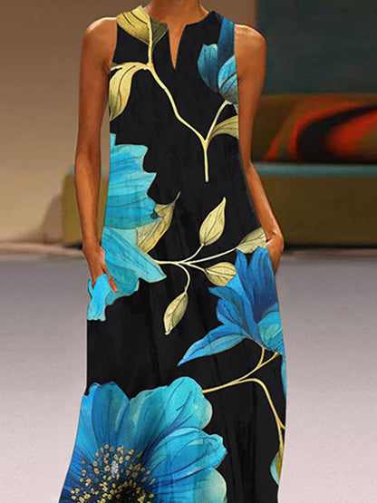 Robe longue trapèze ample à imprimé floral et poches à col en V 