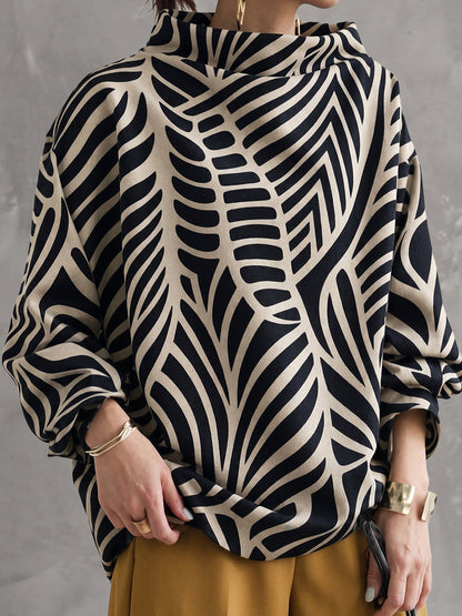 Printed Contrast Color Loose Long Sleeves High-neck Sweatshirt Tops