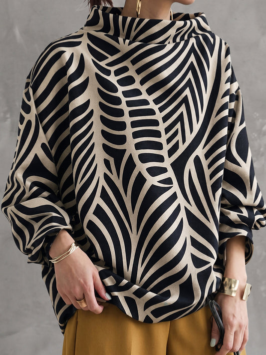 Printed Contrast Color Loose Long Sleeves High-neck Sweatshirt Tops