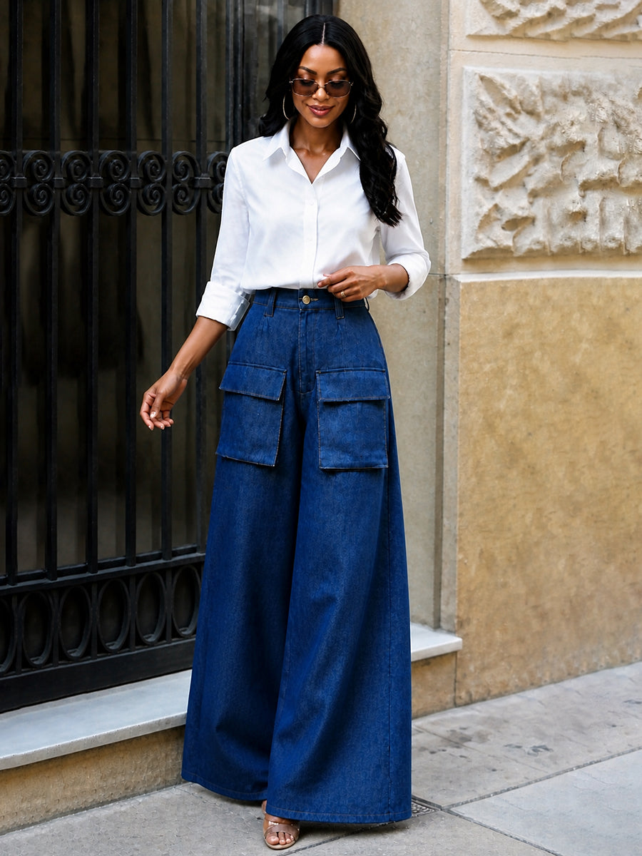 Zipper Solid Color Pockets Buttoned Wide Leg High Waisted Trousers Pants
