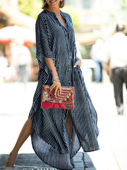 Fledermausärmel Halbe Ärmel Geknöpfte Taschen Gestreiftes Rundhals-Strand-Cover-Up-Maxikleider 