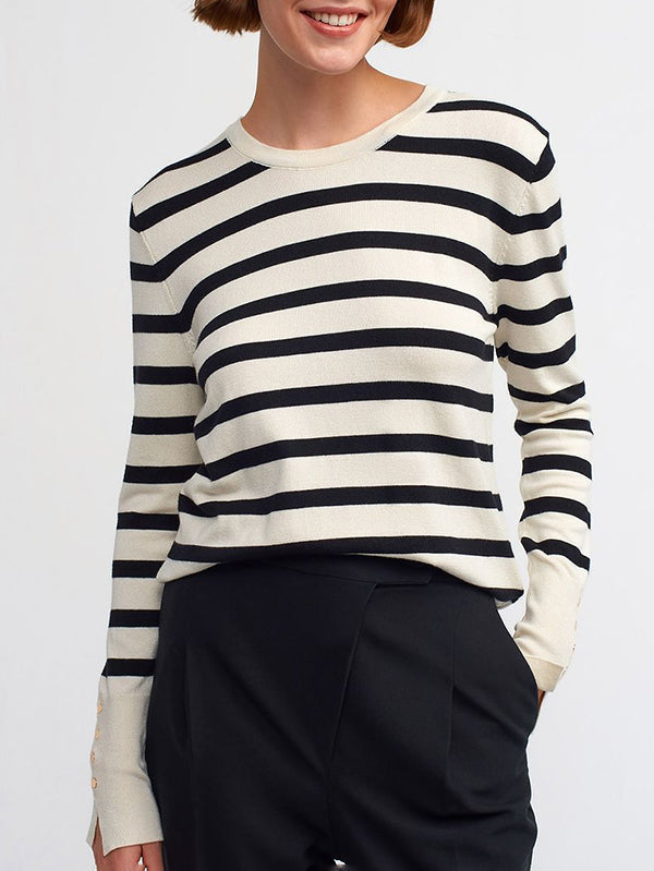 Long Sleeves Buttoned Contrast Color Striped Round-Neck Sweater Tops