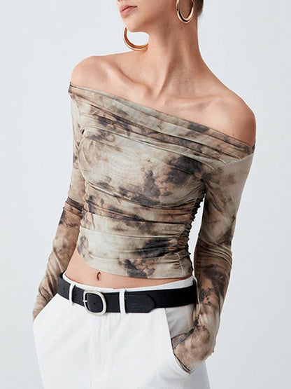 Long Sleeves Skinny Pleated Split-Joint Tie Dye Off-The-Shoulder T-Shirts Tops