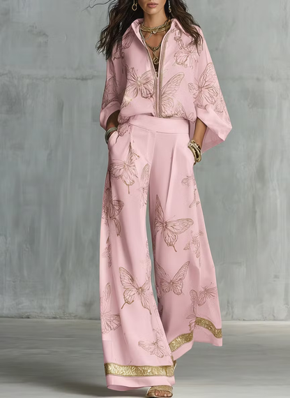 High Waisted Wide Leg Butterfly Print Contrast Color Pockets Pants Trousers