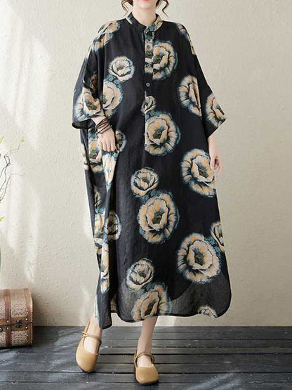 Robe mi-longue ample à manches trois-quarts et col montant, boutonnée et imprimée de fleurs 