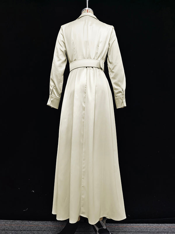 Robe longue ample à manches longues et col cranté, couleur unie, sans ceinture 