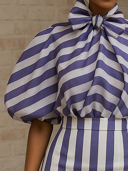 Puff Sleeves Bowknot Pleated Split-Joint Striped High Neck Blouses&Shirts Tops