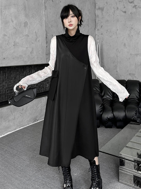 Irregularity Loose Asymmetric Buttoned Solid Color Split-Joint High Neck Midi Dresses