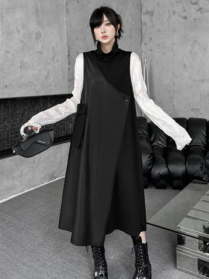 Irregularity Loose Asymmetric Buttoned Solid Color Split-Joint High Neck Midi Dresses