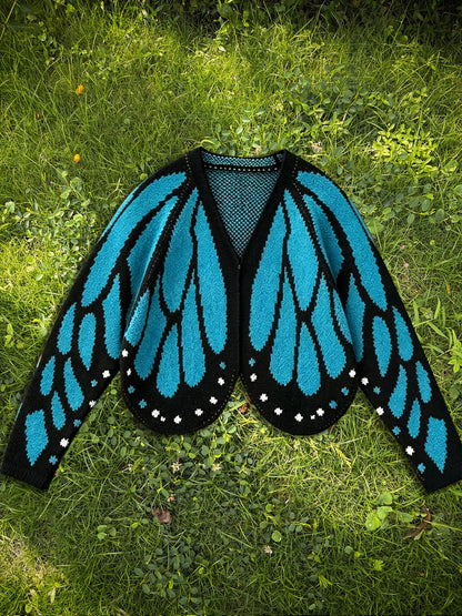 Contrast Color Butterfly Loose Long Sleeves V-neck Cardigan Tops