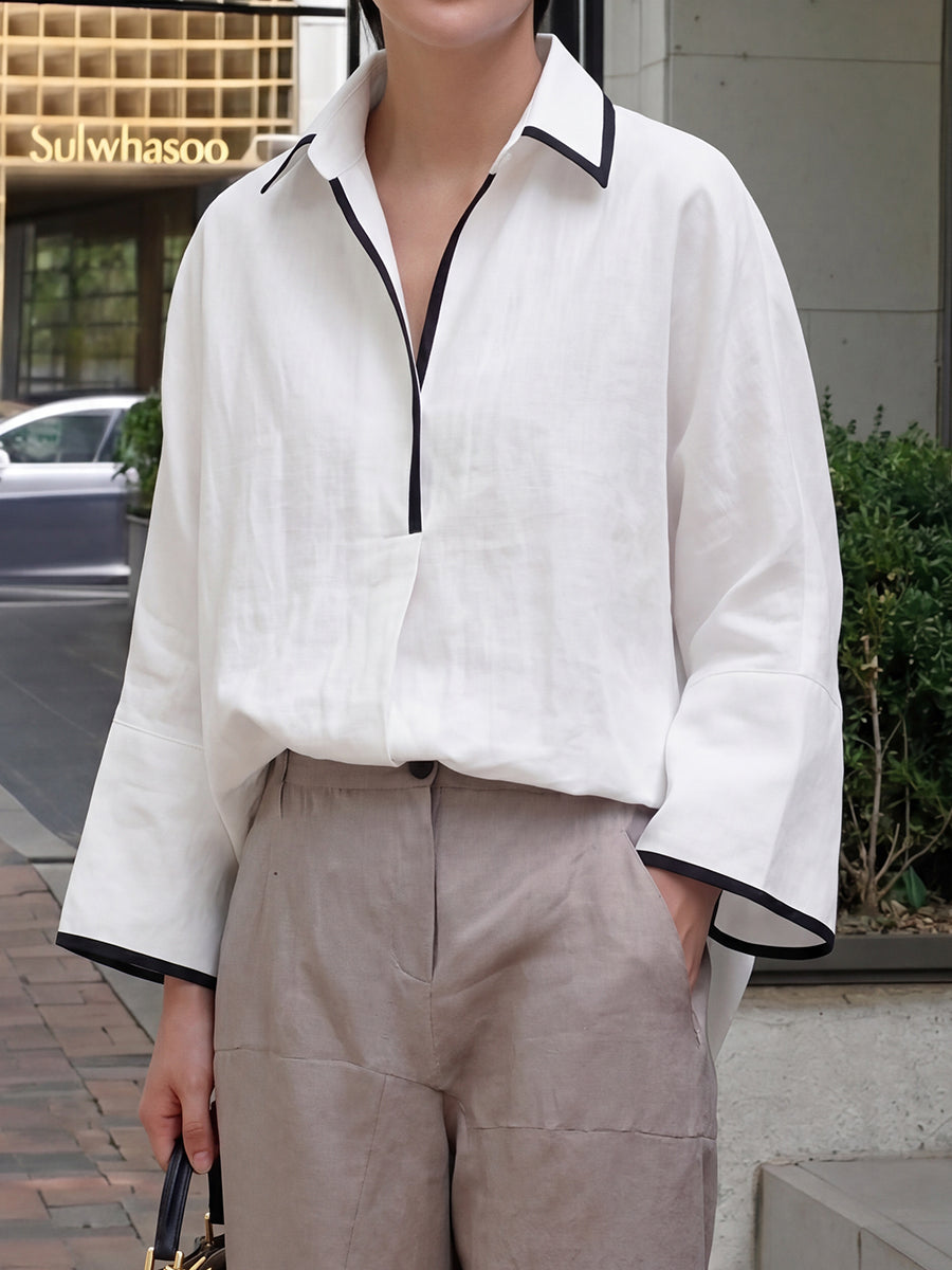 Flared Sleeves Long Sleeves Solid Color Split-Joint Lapel Blouses&Shirts Tops