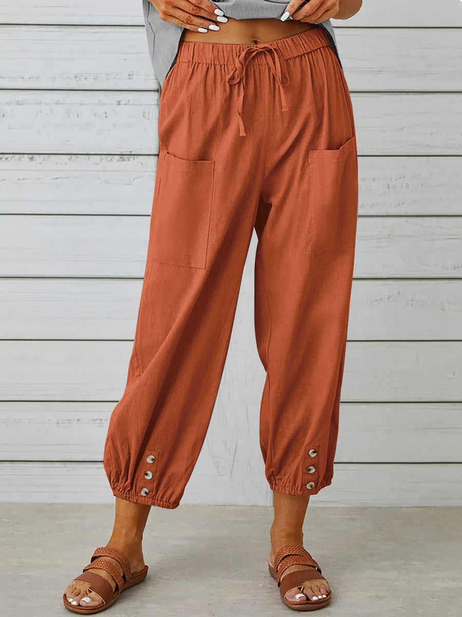 Solid Color Pockets Elasticity Drawstring Buttoned Plus Size High Waisted Trousers Ninth Pants