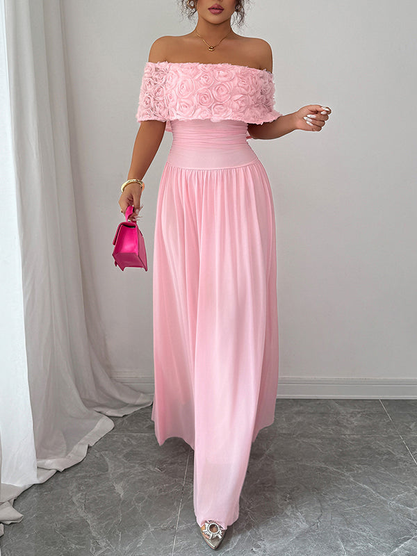 A-Line Half Sleeves Pleated Solid Color Split-Joint Three-Dimensional Flower Off-The-Shoulder Maxi Dresses