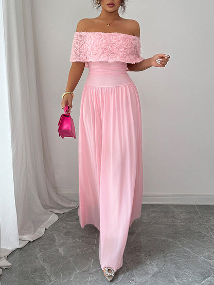 A-Line Half Sleeves Pleated Solid Color Split-Joint Three-Dimensional Flower Off-The-Shoulder Maxi Dresses