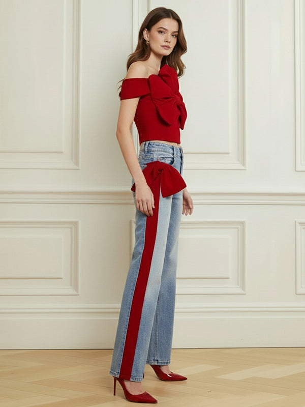 Wide Leg Bow-Embellished Contrast Color Jean Pants Bottoms