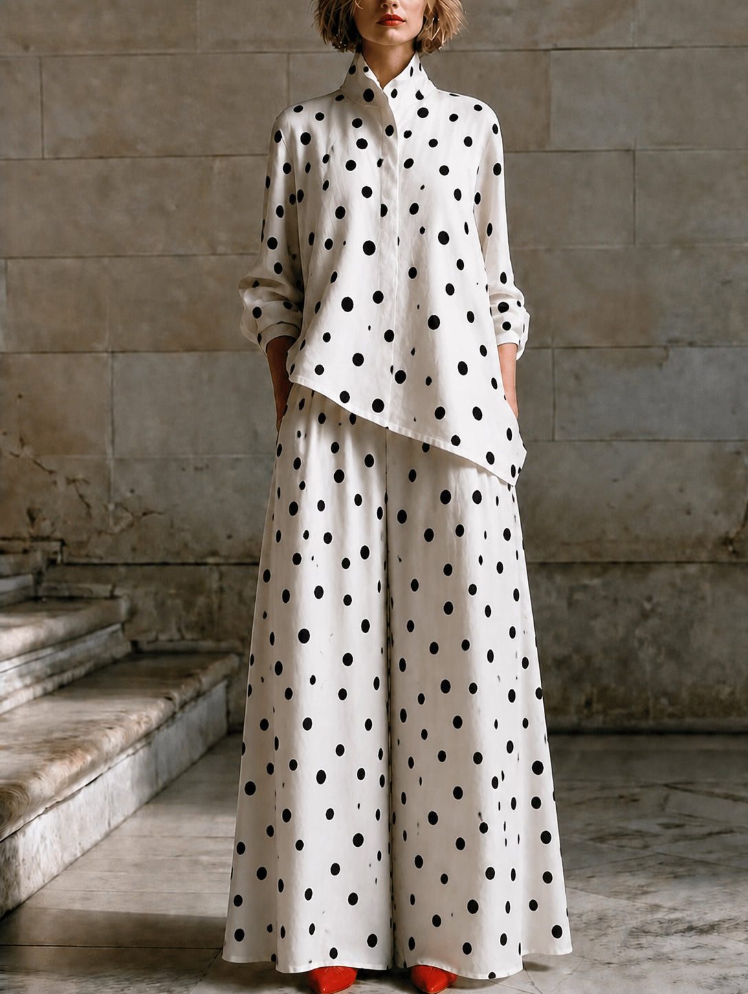 Polka-Dot Contrast Color Asymmetric Loose Long Sleeves Stand Collar Blouses&shirts Tops