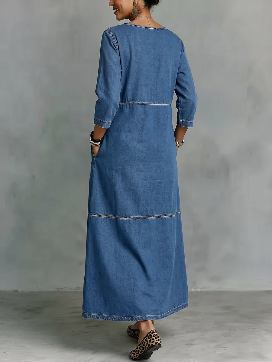 Split-side Pockets Buttoned Long Sleeves A-line Round-neck Maxi Dresses