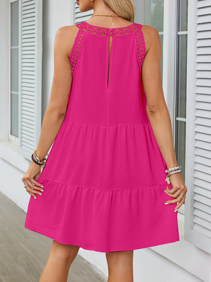 A-Linie Locker Hohl Plissee Einfarbig Split-Joint Rundhals Minikleider 