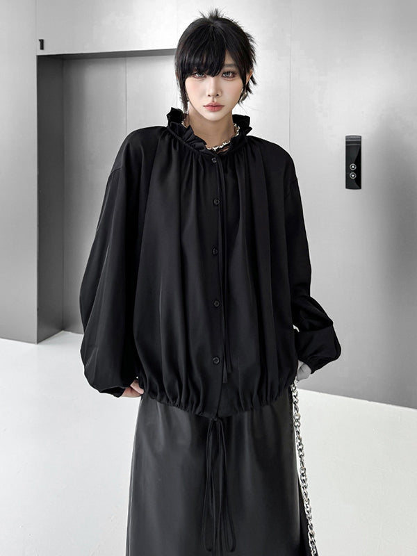 Long Sleeves Loose Drawstring Pleated Pullover Design Solid Color Lace Collar Blouses&Shirts Tops