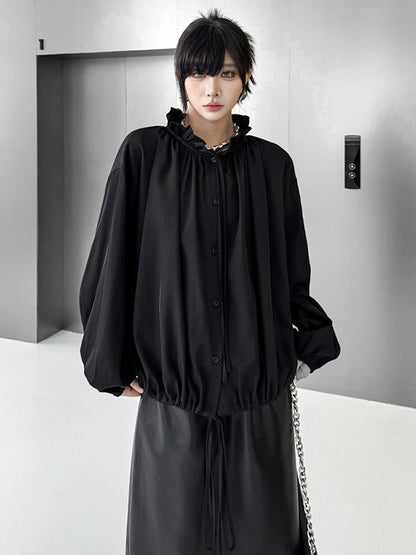Long Sleeves Loose Drawstring Pleated Pullover Design Solid Color Lace Collar Blouses&Shirts Tops
