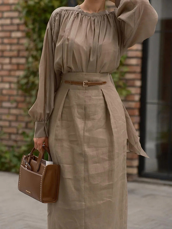 Long Sleeves Pleated Solid Color Split-Joint Round-Neck Blouses&Shirts Tops