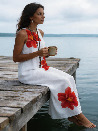 Loose Sleeveless Contrast Color Flower Print Pockets Round-Neck Maxi Dresses