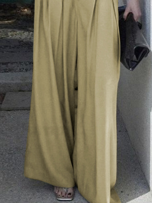 Loose Wide Leg Belted Pleated Solid Color Casual Pants Bottoms