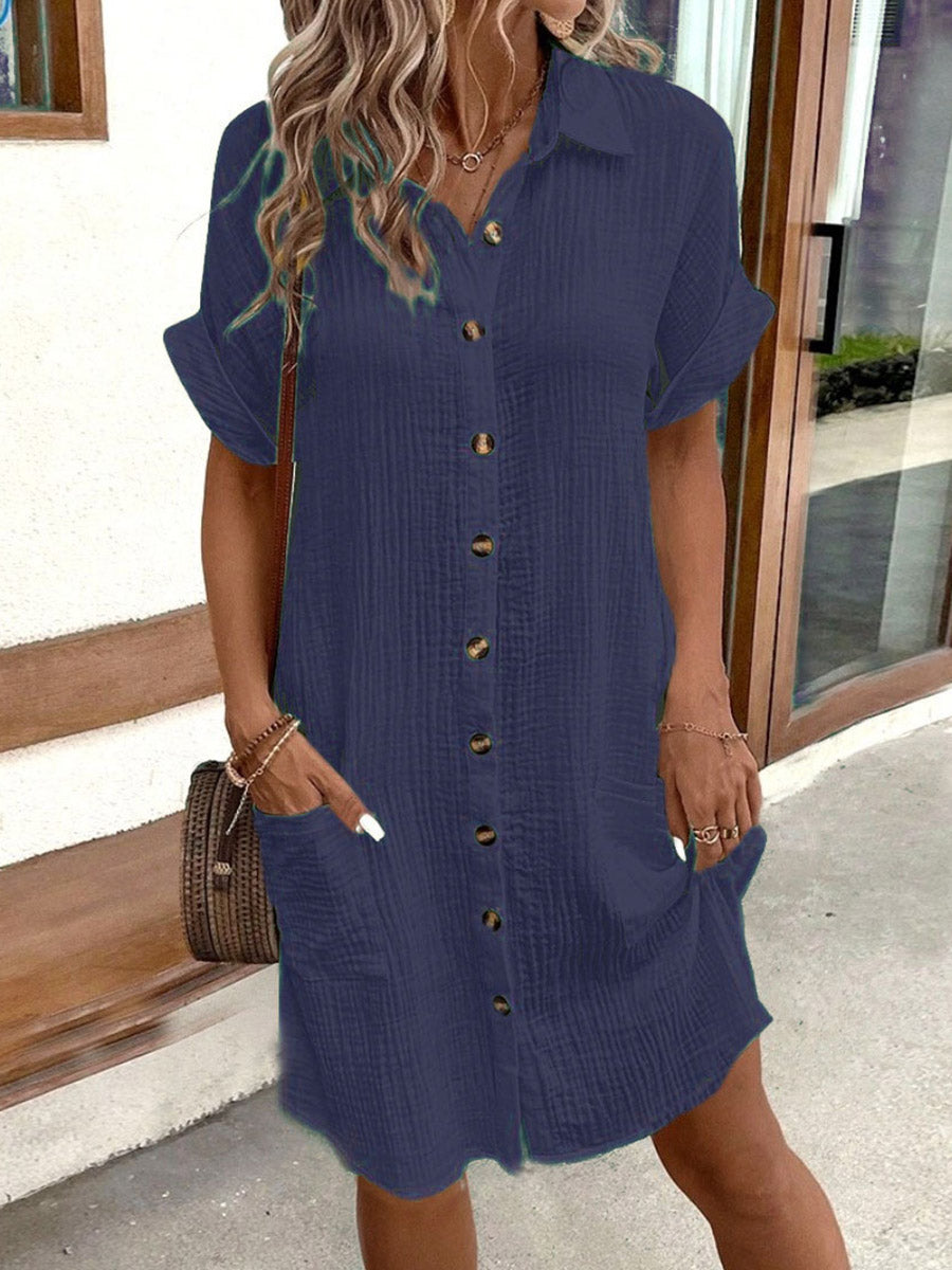 Half Sleeves Loose Buttoned Pockets Solid Color Lapel Mini Dresses