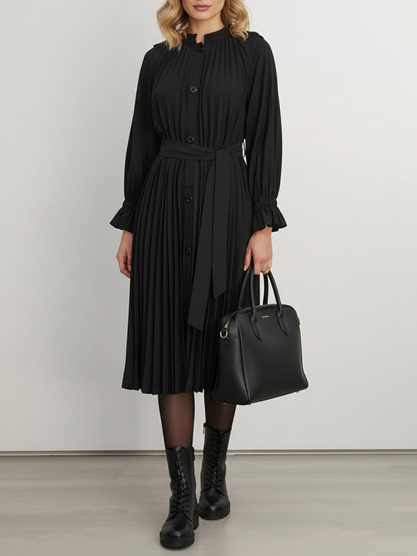 Flared Sleeves Long Sleeves Buttoned Ruffled Solid Color Tied Waist Stand Collar Midi Dresses