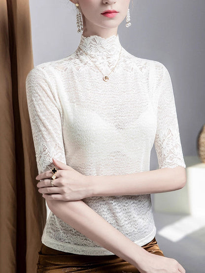 False Two Half Sleeves Slightly Sheer Split-Joint Textured High Neck T-Shirts Tops