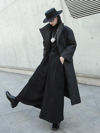 Black Rhombic Split-Side High Collar Long Coat