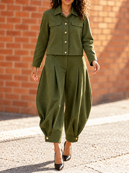 Solid Color Pockets Pleated Buttoned High Waisted Harem Pants Pants Cropped Trousers