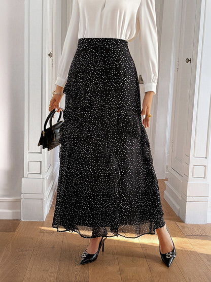 A-Line High Waisted Contrast Color Layered Polka-Dot Ruffled Split-Joint Skirts Bottoms