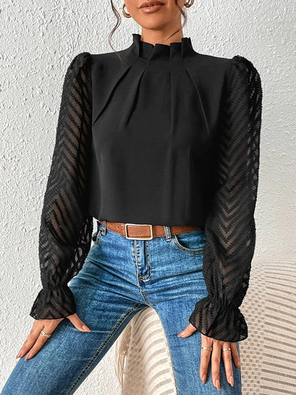 Long Sleeves Loose Elasticity Mesh Pleated Solid Color Mock Neck Blouses&Shirts Tops