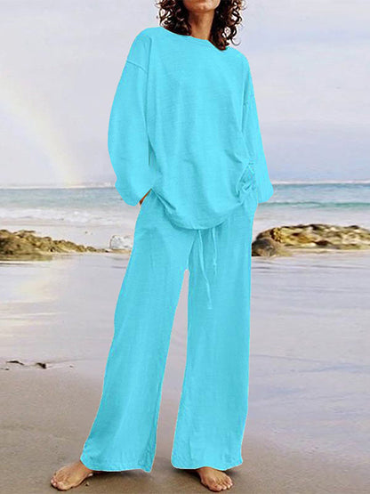 Loose Solid Color Long Sleeves Round-neck Shirts Top + Drawstring Pants Bottom Two Pieces Set