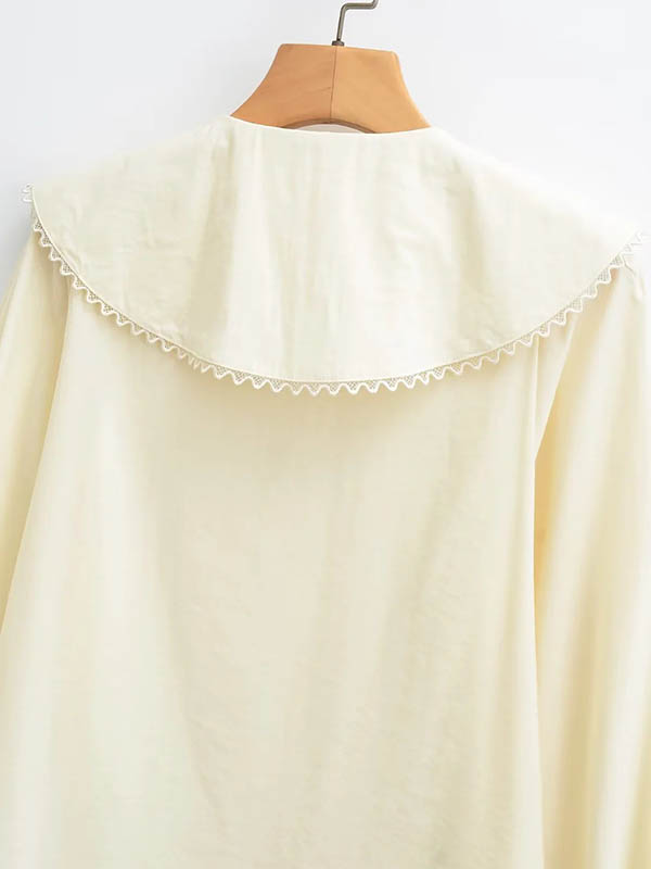 Loose Puff Sleeves Pleated See-Through Solid Color Split-Joint Peter Pan Collar Blouses&Shirts Tops